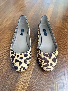 ECCO Mary Leopard Print Calf Hair Leather Ballet Flats Brown Tan EU 37 US 6-6.5